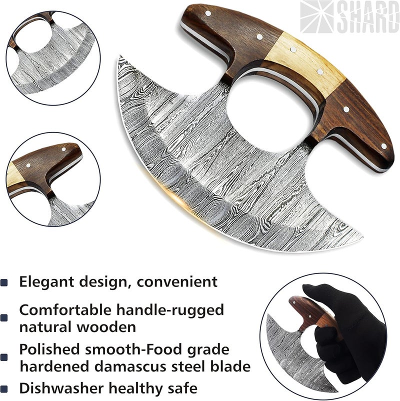 SHARDBLADE Alaskan Ulu Knife with Sheath, Handmade Forged 6" Damascus Steel Pizza Cutter Rocker Knife with Non-Slip Wooden Handle, Premium Food Salad Chopper Knife, Traditional Inuit Eskimo Ulu Copper - Image 2